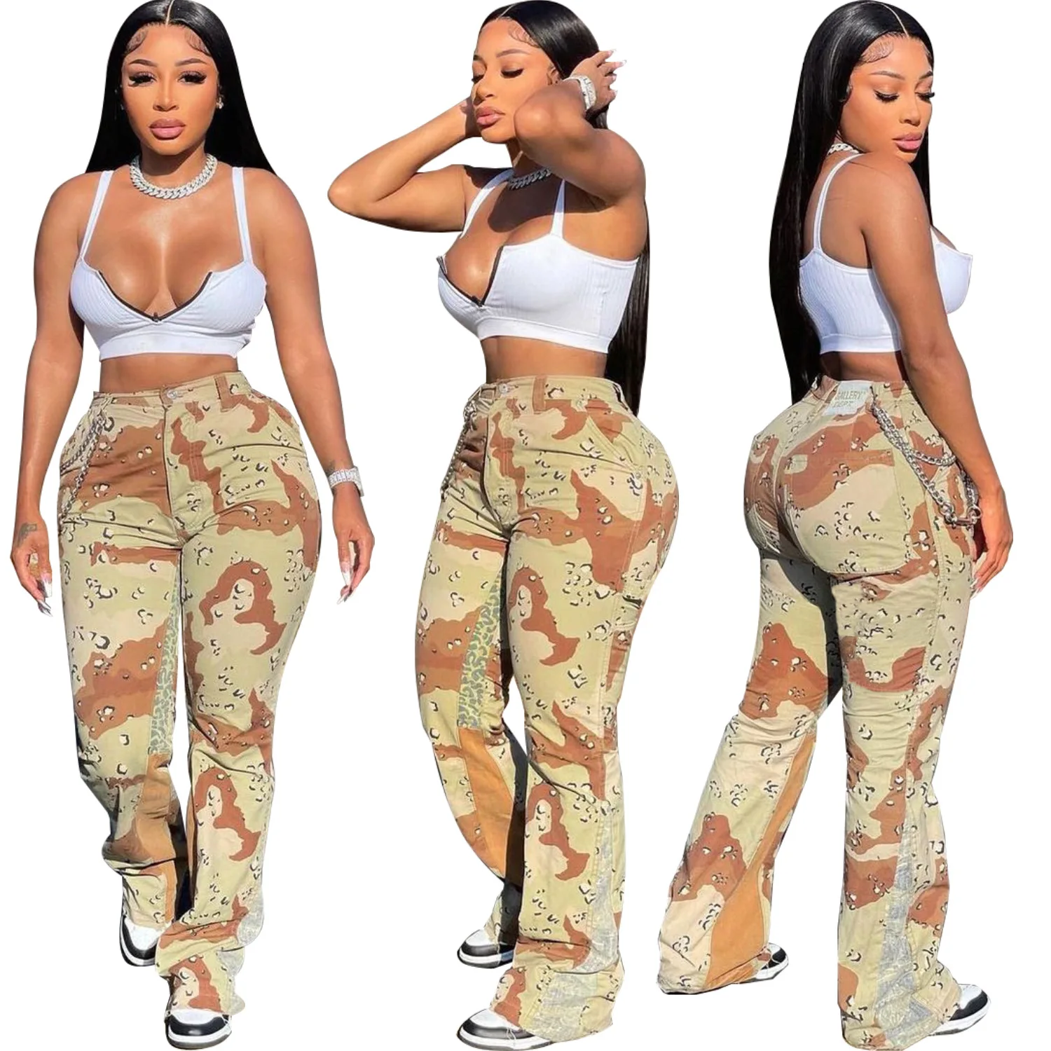 2022 high waist casual Patchwork Windbreak black cargo camouflage pants for women bell bottom flare pants women