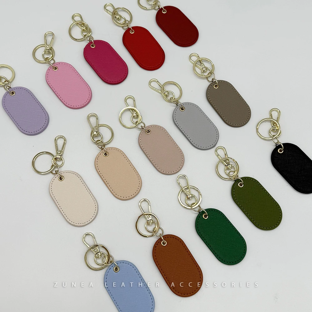 Faux Saffiano Leather Keychain hardware DIY Gifts customized logo Artificial Piel Keyring PU Oval Shape vegan Leather key chain
