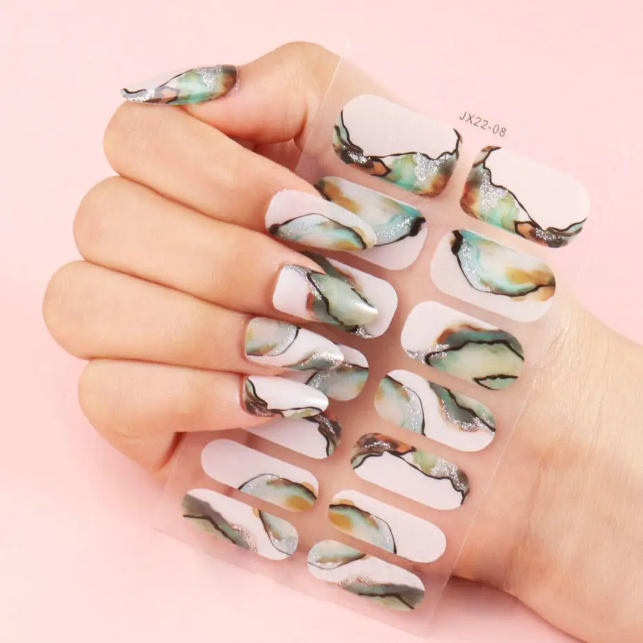 New Women Girls Nail Art Stickers Gradient Full Nail Wraps Glitter Adhesive Marble Nail Strips Stickers