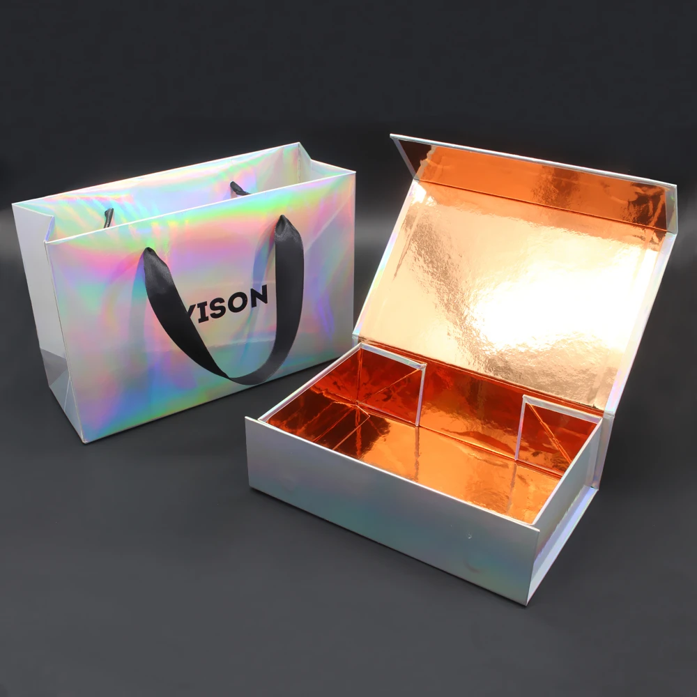 Custom Rigid Paper Cosmetic Makeup Holographic Magnetic Glitter Caixas De Embalagem Rainbow Rose Holographic gift packaging box