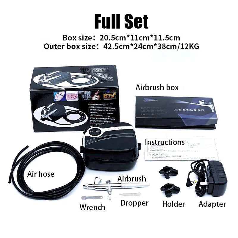 Nozzle kit airbrush mini compressor spray gun for tattoo, cake decorating,nail beauty, makeup, painting