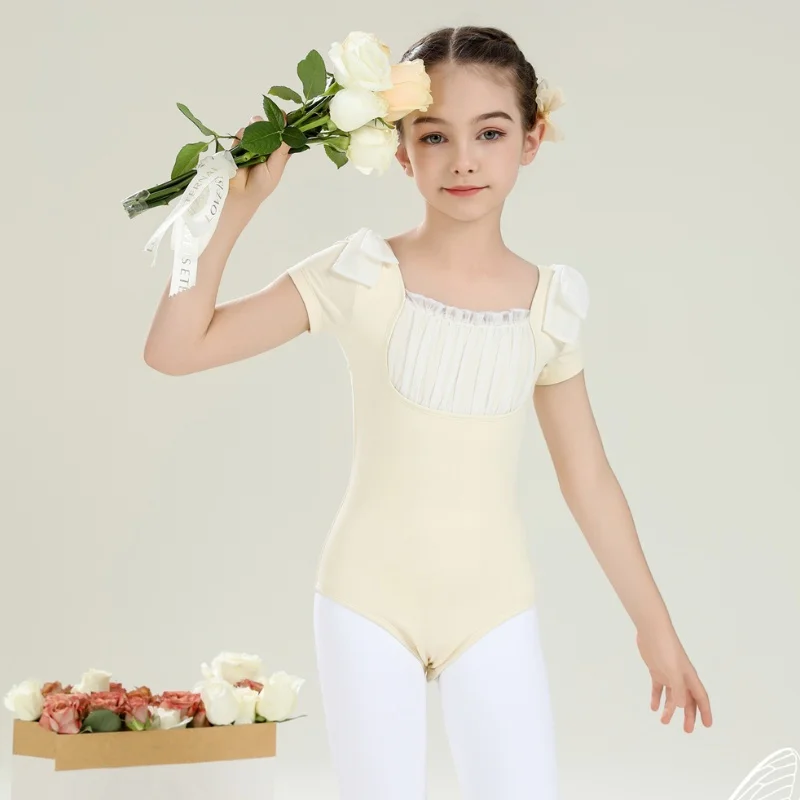 Hot Sale Cotton Spandex Kids Girls Children Short Sleeve Dance Leotards  Mesh Dance Skirts Ballet Leotards Skirt