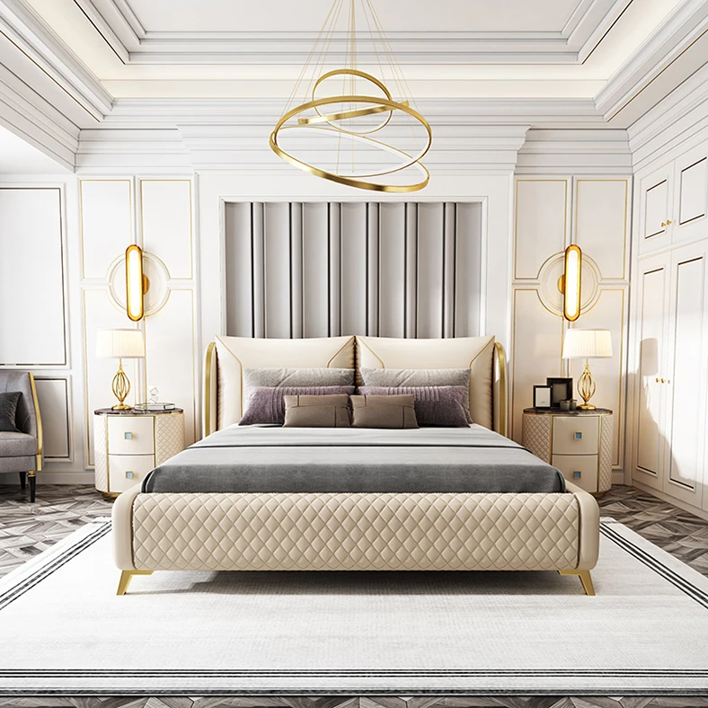 High Quality Double Bed Queen Size Princess Leather Bed Simple Modern Luxury Bed for King Bedroom Set