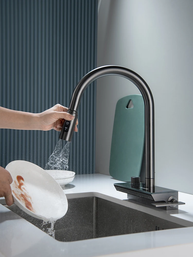 All-Copper Kitchen Faucet with Digital Display Flying Rain Waterfall Hot & Cold Pull Rotating Household Sink Kitchen Faucets