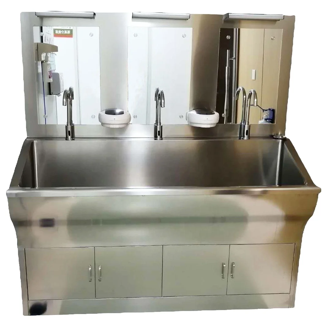 Durable high-quality 304 stainless steel three-person low-back medical sink with gooseneck faucet