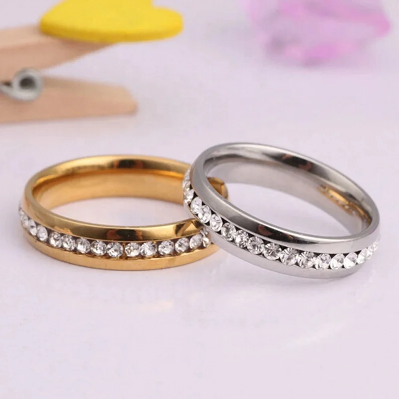 
New Arrival 6mm Platinum Plating Crystal Promise Eternity Band Rings 14K Gold Plating Stainless Steel Zircon Engagement Rings 