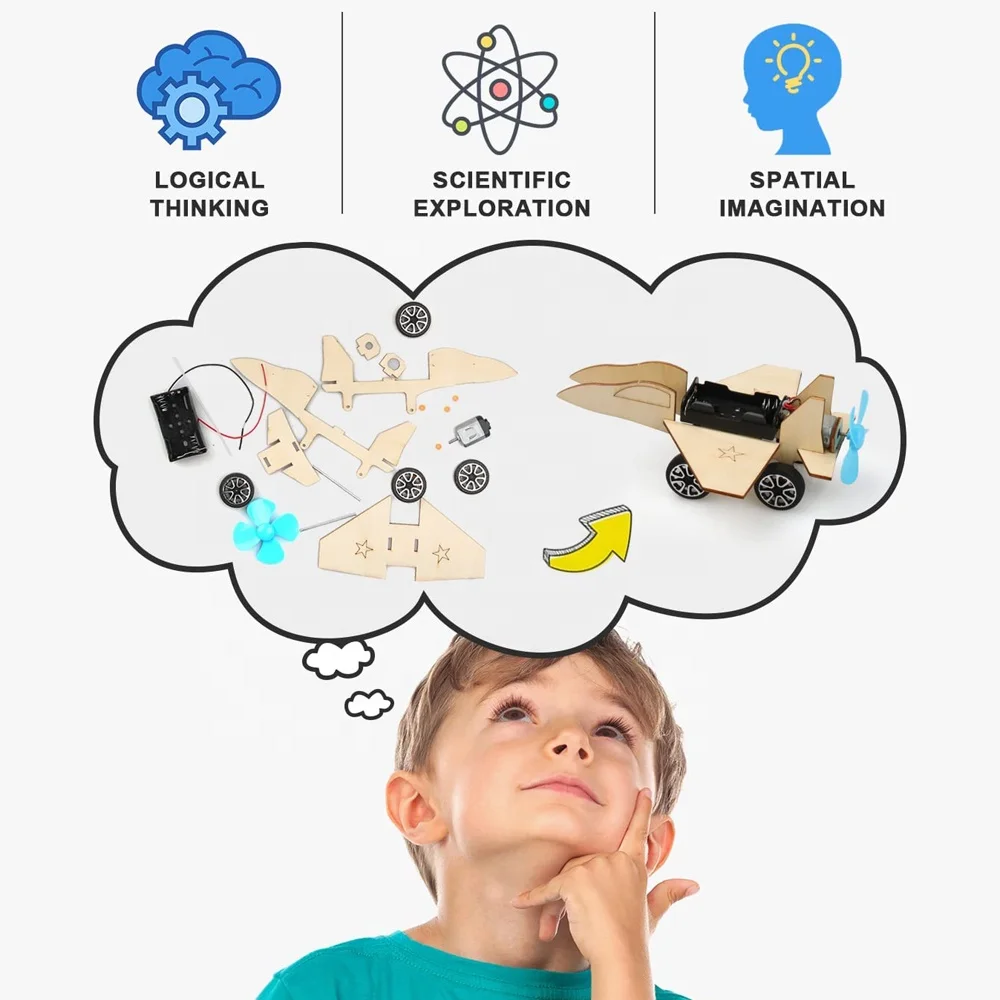 4 in 1 DIY assemble wooden puzzle toy transportation model car building kits STEM wood educational science experiment build toy