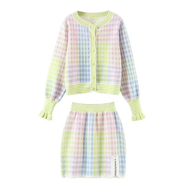 2022 autumn retro Korean version two-piece set  plaid knitted sweater cardigan and  knit skirt set