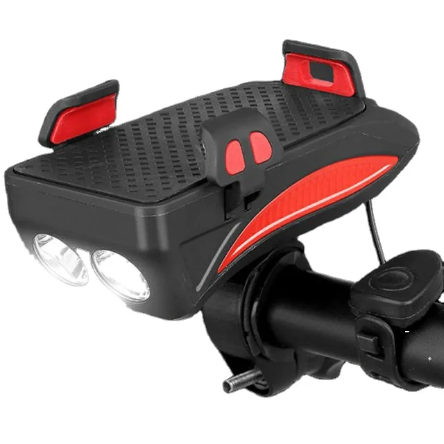 
4-in-1 USB Rechargeable LED Bicycle Headlight Front Light Lamp Flashlight Night Cycling Safety Alarm Horn Handlebar Phone Holder 