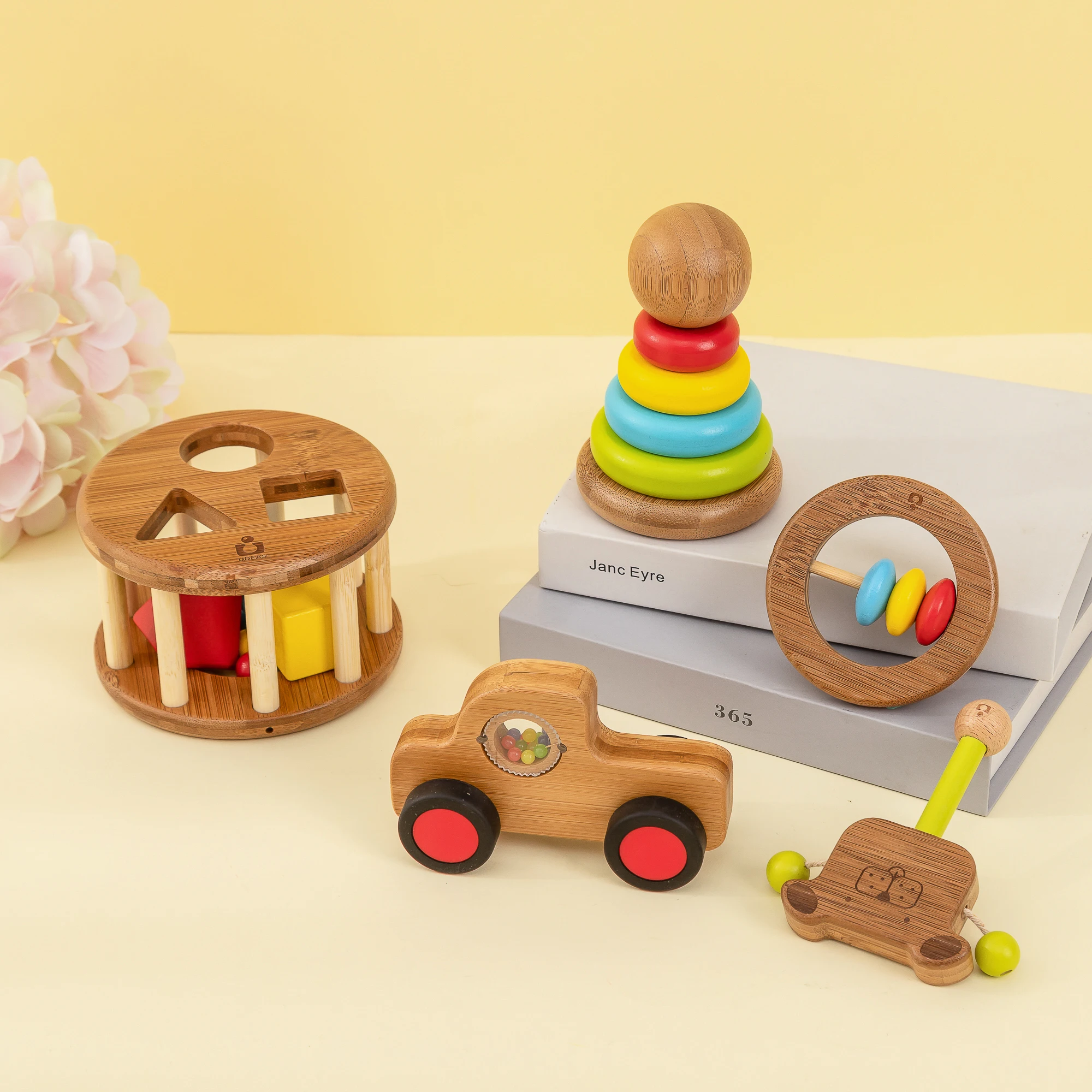 UDEAS Bamboo Set Musical Folding Drum Toy Mini Car Play Early Learning Sorting Set Wooden Montessori Toy