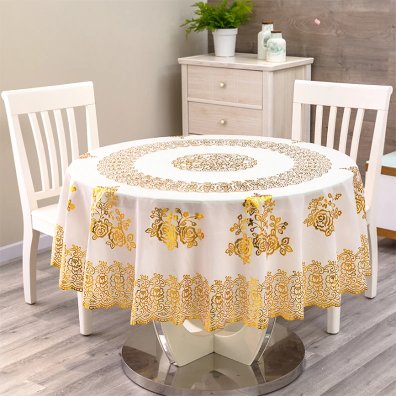 2023 white round pvc material plastic gold lace tablecloth