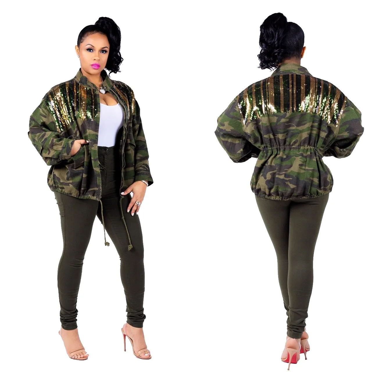 
Hot sale long sleeve striped sequin coat matching camouflage denim jacket women 