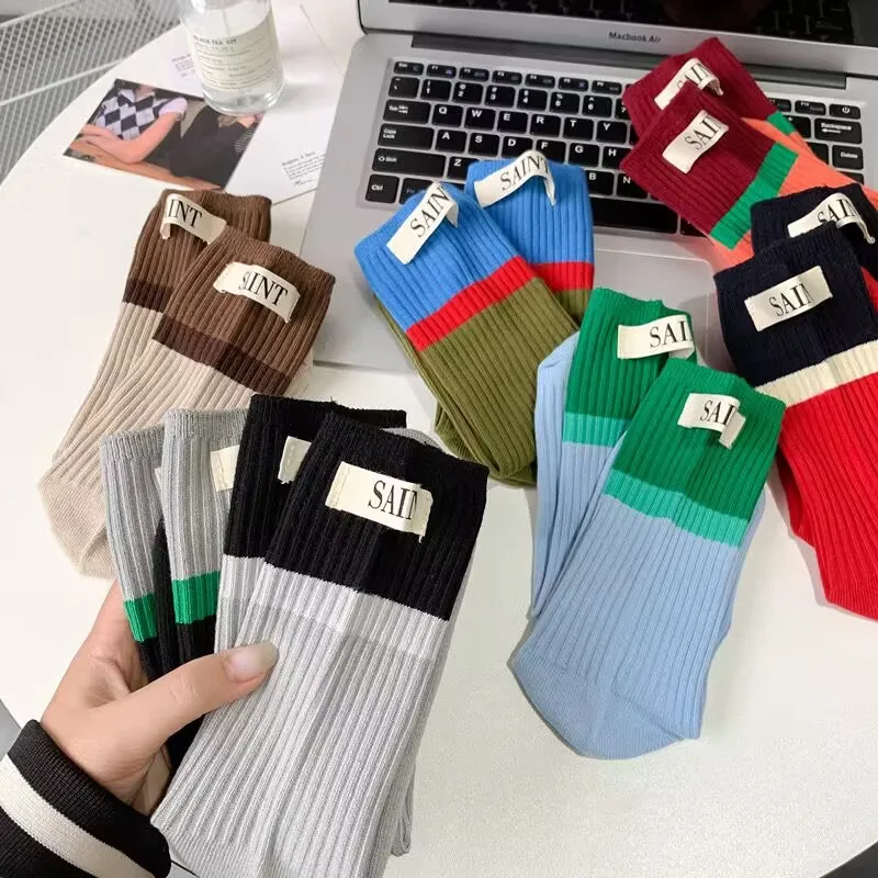 Korean Autumn Trend Letters Cloth Label Colorful Stockings Cotton Knitted Fashion Sports Women Tube Socks