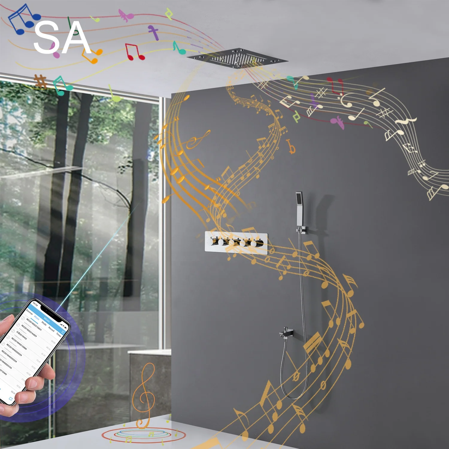Salina 16 inches Rain and Waterfall Embedded Ceiling LED Music Shower Head Bathroom Thermostatic Shower Faucet Panel Set