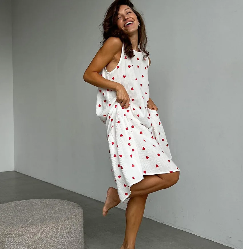 New Arrival Spring Sexy O Neck Nightdress Love Print White Pajamas Sleeveless Night Gown Cotton Homewear Dress Ladies