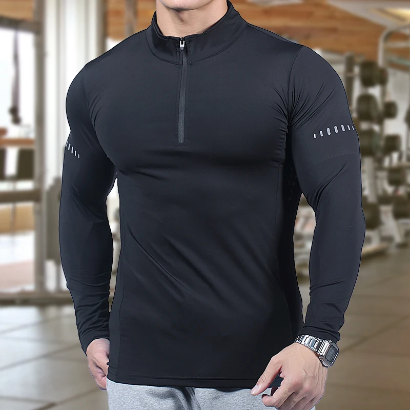 Спортивные футболки для бега и фитнеса, быстросохнущие спортивные футболки с длинным рукавом, Мужская одежда для тренировок, пуловер на молнии с 1/4 четверти, компрессионные рубашки