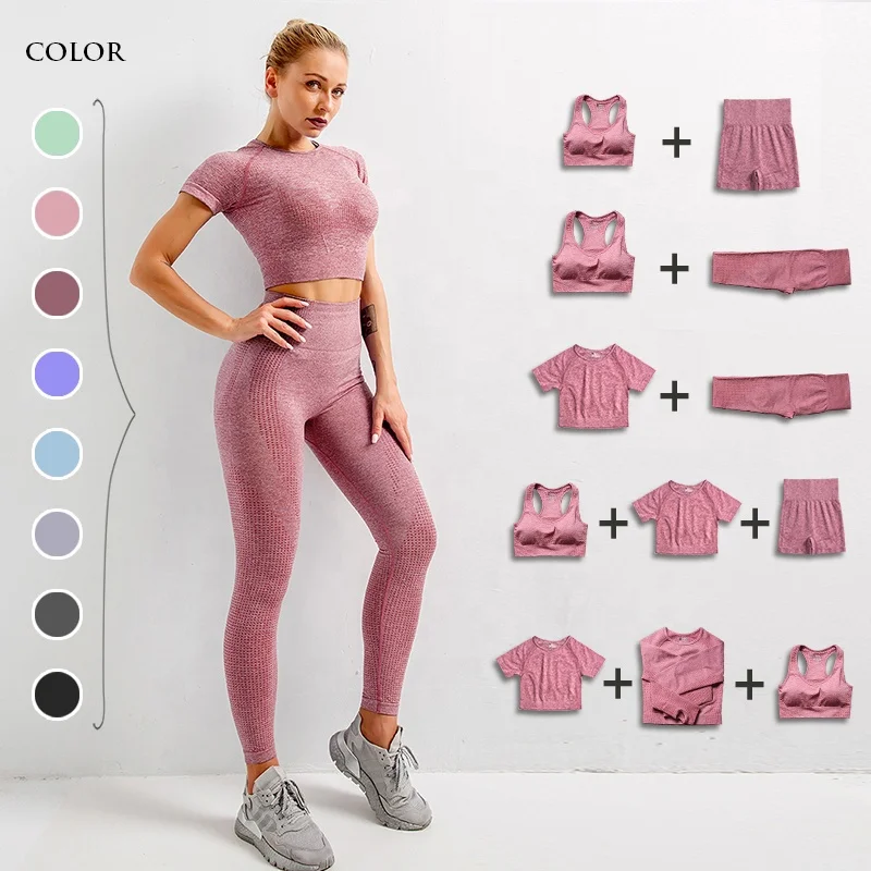 Female yoga workout clothes gym fitness long sleeve crop top high waist leggings sports suits seamless set