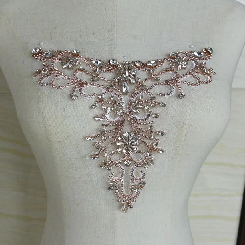 Sparkle Rhinestone Applique Crystal V-Neck Motif Lace Pair Embellished Bling Addition for Bodice Wedding Dress Accessories