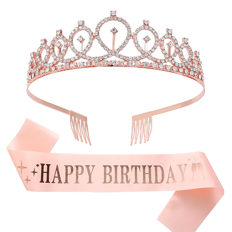 Custom Happy Birthday Sash And Metal Tiara Crown 16th 18th 21st 30th 40th Rose Gold Birthday Gifts Birthday Sash Party Favors