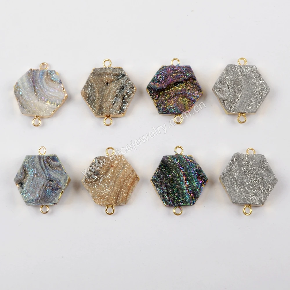 G1618 Hexagon Galaxy Rainbow Titanium Agate Druzy Connector For DIY Jewelry Making