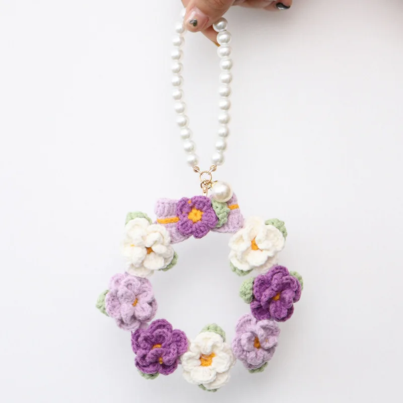 Crochet Knitted Flower Wreath Hanger for Home Door Wall Hanging Decorations Wool Knitting Floral Garland Party Festival Decor
