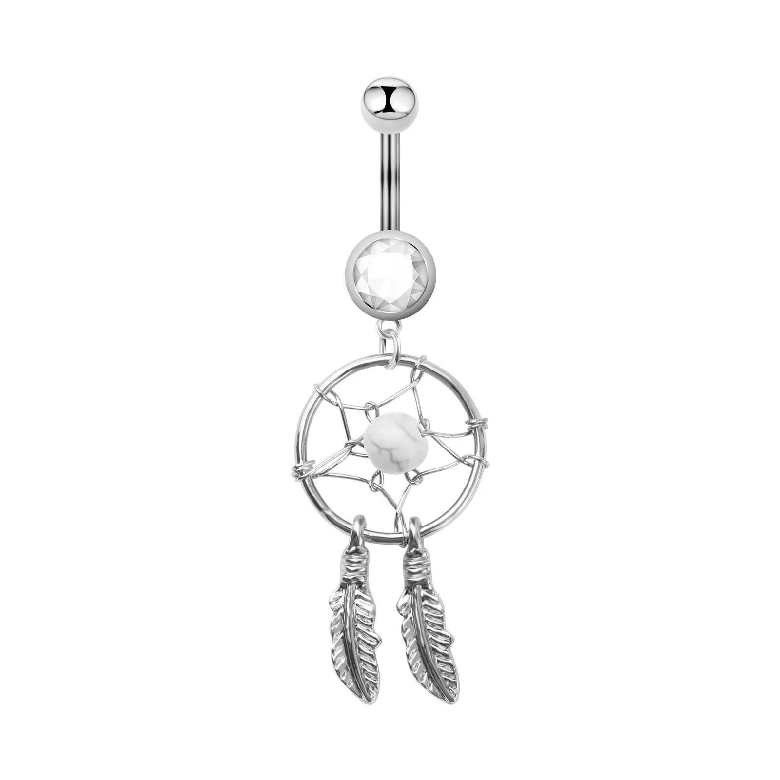 Stainless steel turquoise dream catcher navel ring button button button piercing wholesale key chain feather ethnic wind