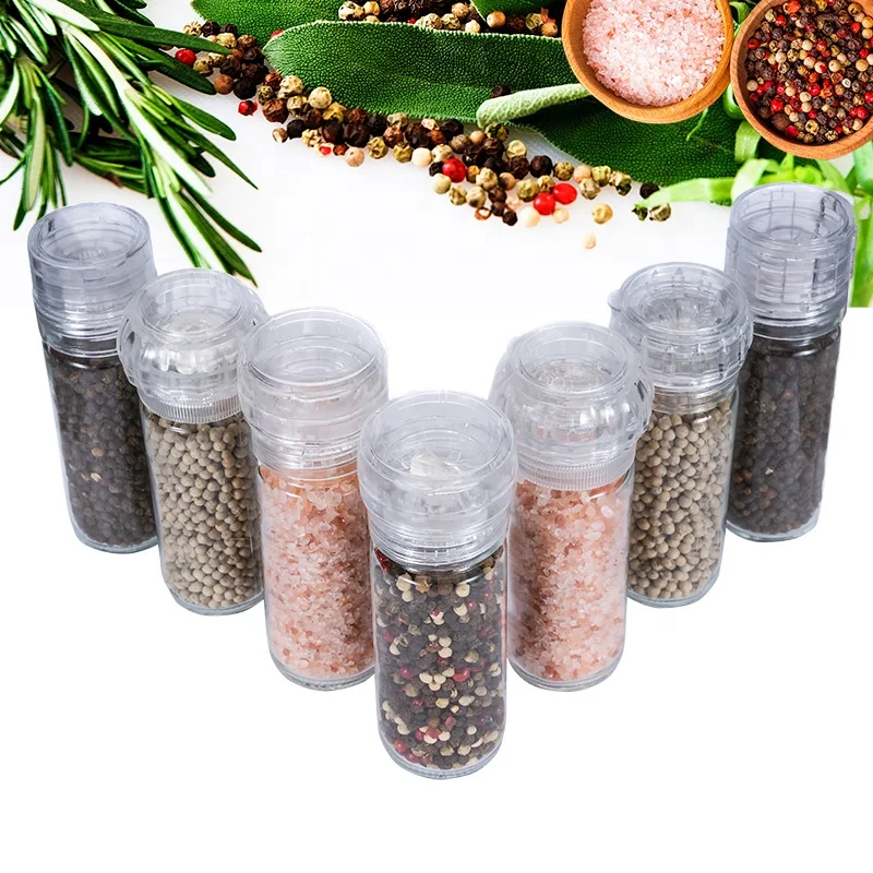 Kitchen Mini 100ml Spice Glass Shakers Manual Plastic Top Salt & Pepper Mill Grinder with clear 3oz Glass Bottles