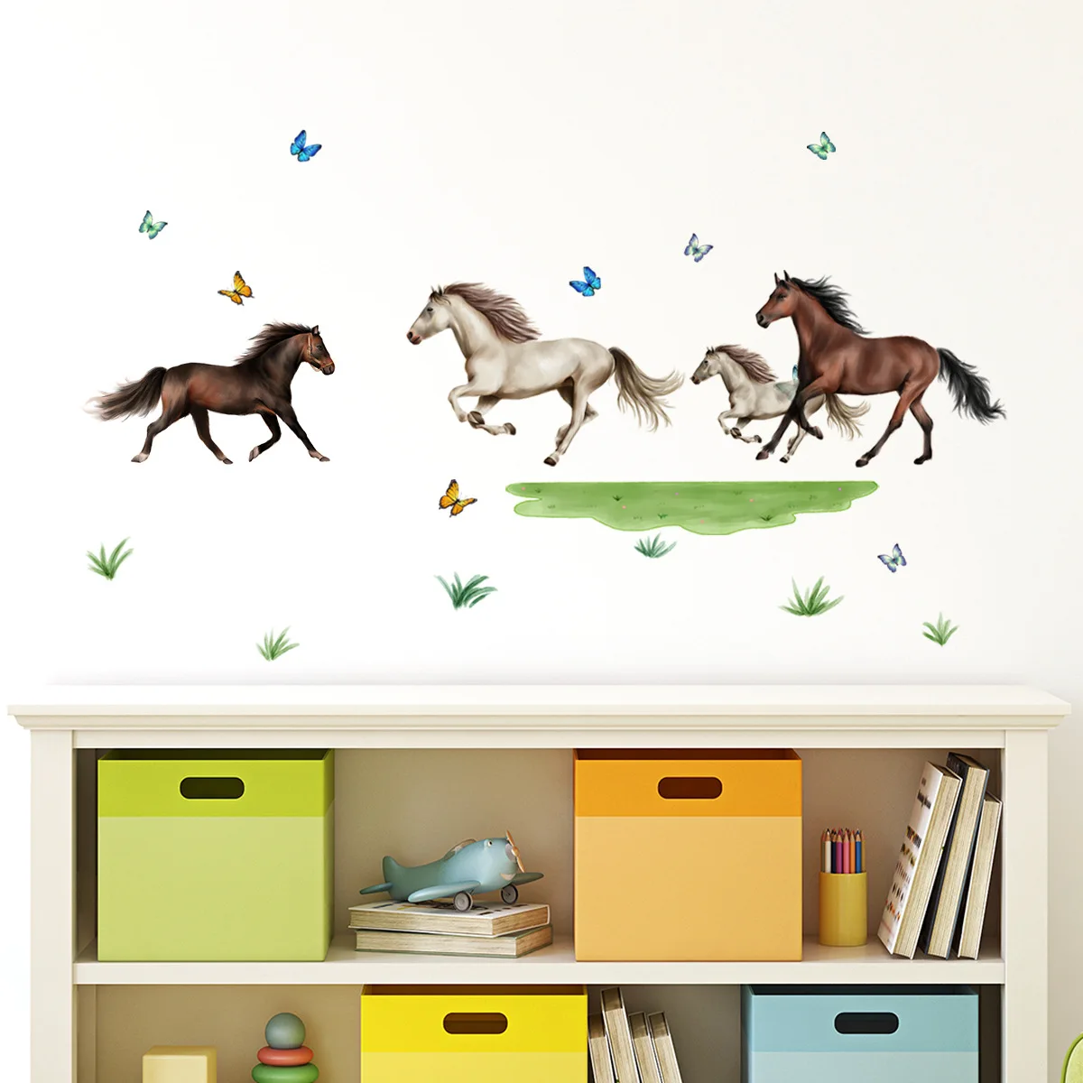 Running Horses Grass Butterfly Wall Stickers For Bedrooms Living Rooms Background Wall Decorative Wall Decals Self-adhesive PVC