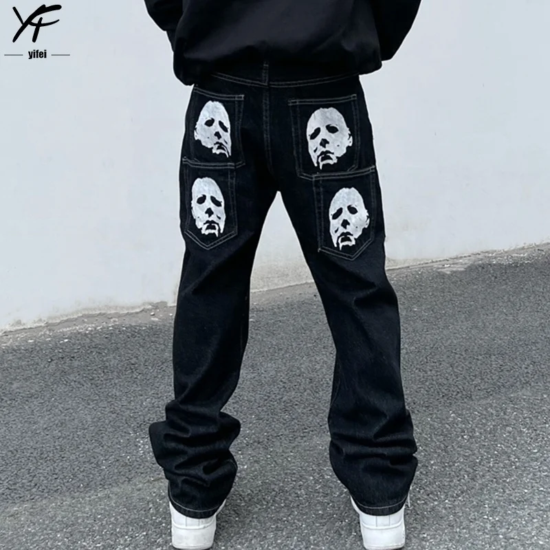 Custom stacked jeans black loose fit Y2K baggy jeans vintage punk hip hop wide leg pants for men