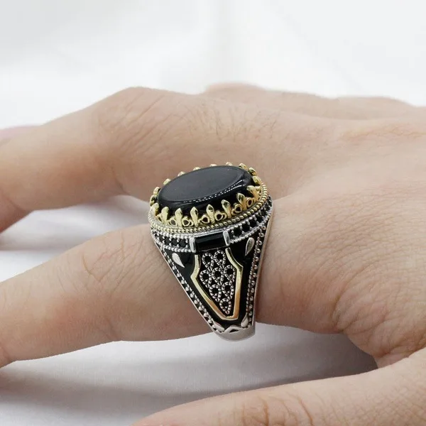 2022 Fine Vintage Personality Retro Black Agate Ring 925 Sterling Silver Ring For Man Rings Jewelry