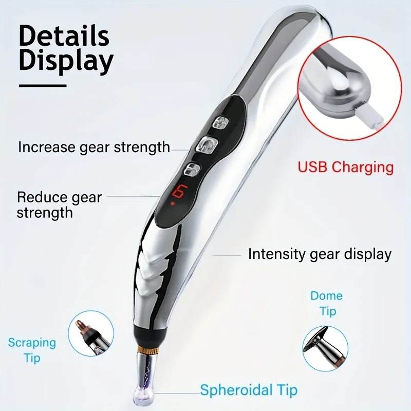 Electronic Accupressure Pen USB Rechargeable Pain Relief  Meridians Energy  Massager Pen Massage Tool with 3 Massage Head