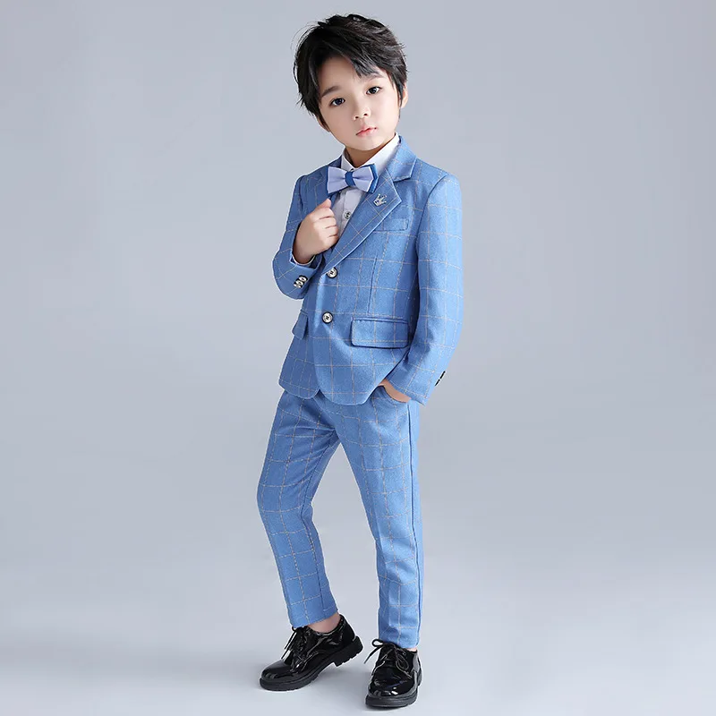 Custom made Boys three-piece Suit Sets formal wear kids light blue plaid suit