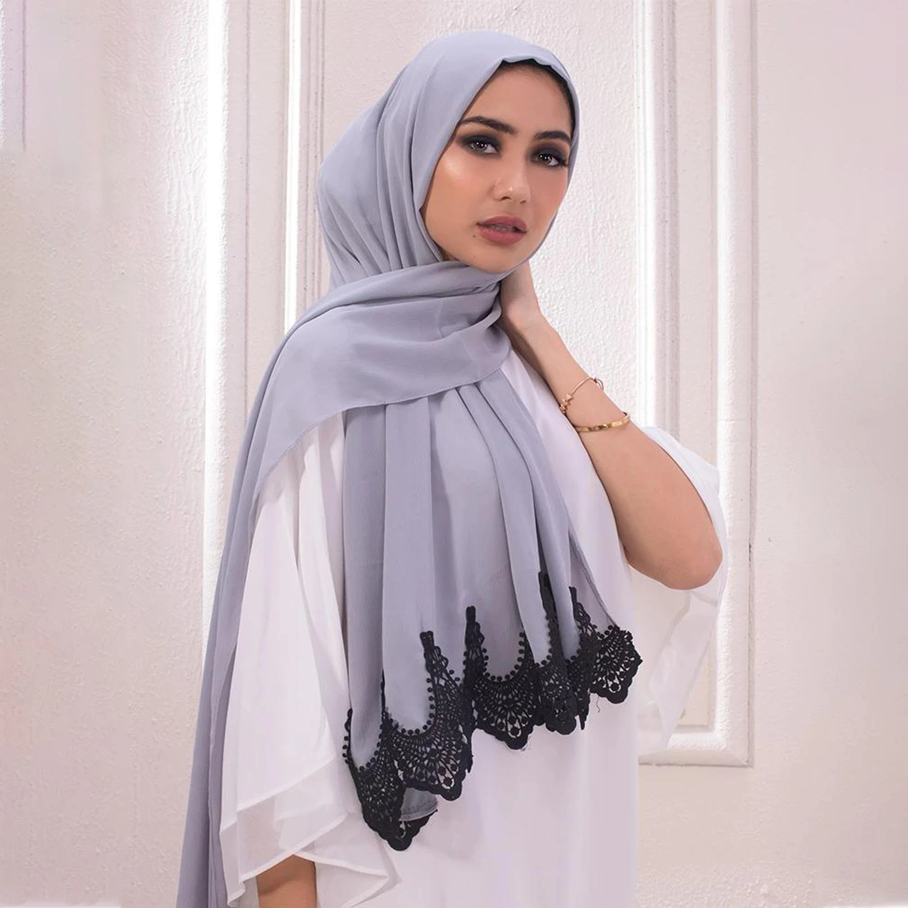 Manufacturer New Black Lace Chiffon Bead Malay Scarf Pearl Chiffon Head Covering Scarf Shawl hijab jilbab scarf