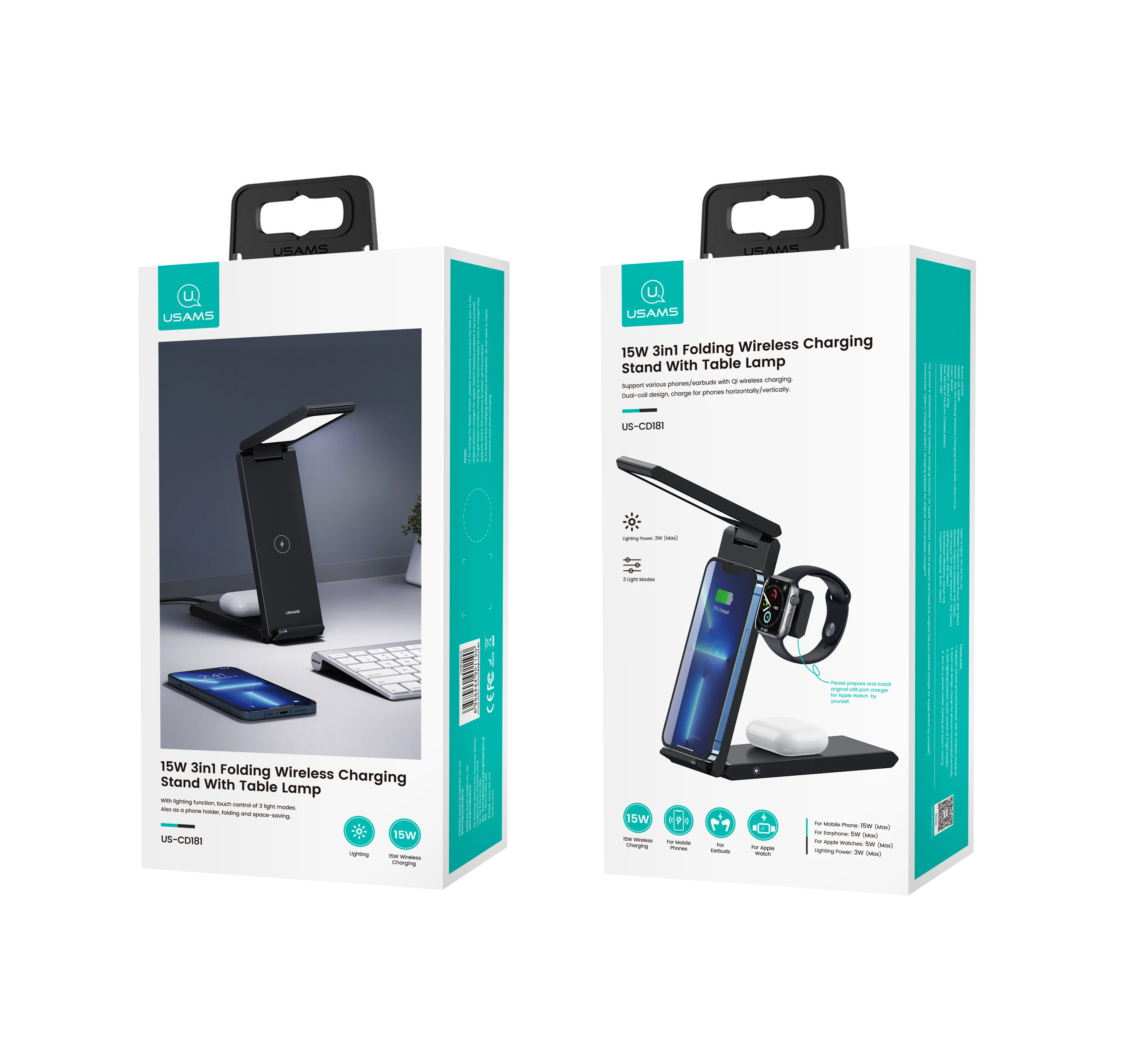 USAMS all in one folding phone wireless chargers pad wireless charging stand with table desk lamp phone stand