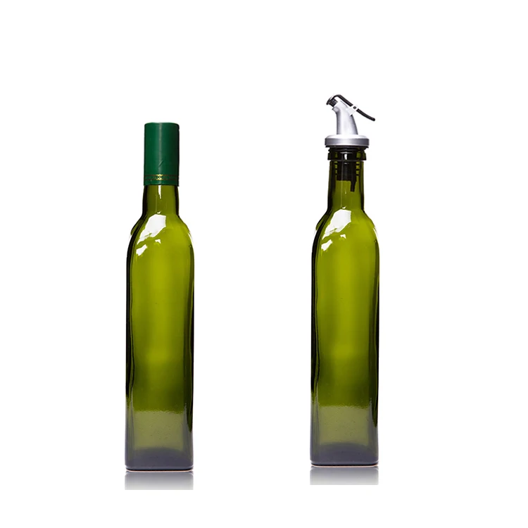 Hot Sale 500ml Dark Green Square Shape Olive Oil Glass Bottle With Pour Spout
