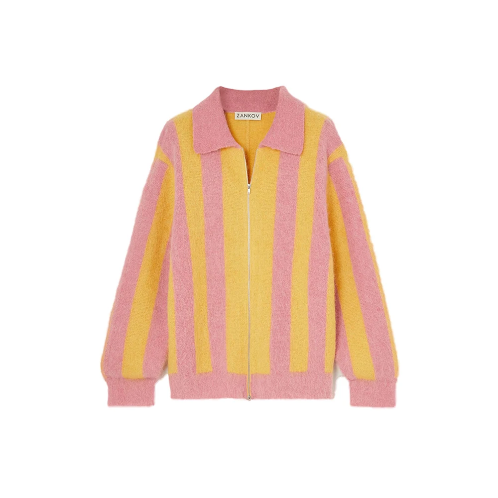 Custom FNJIA Colorful Mohair Cardigan Spring Zipper Knit Cardie Women Striped Long Knit Cardigan Sweater