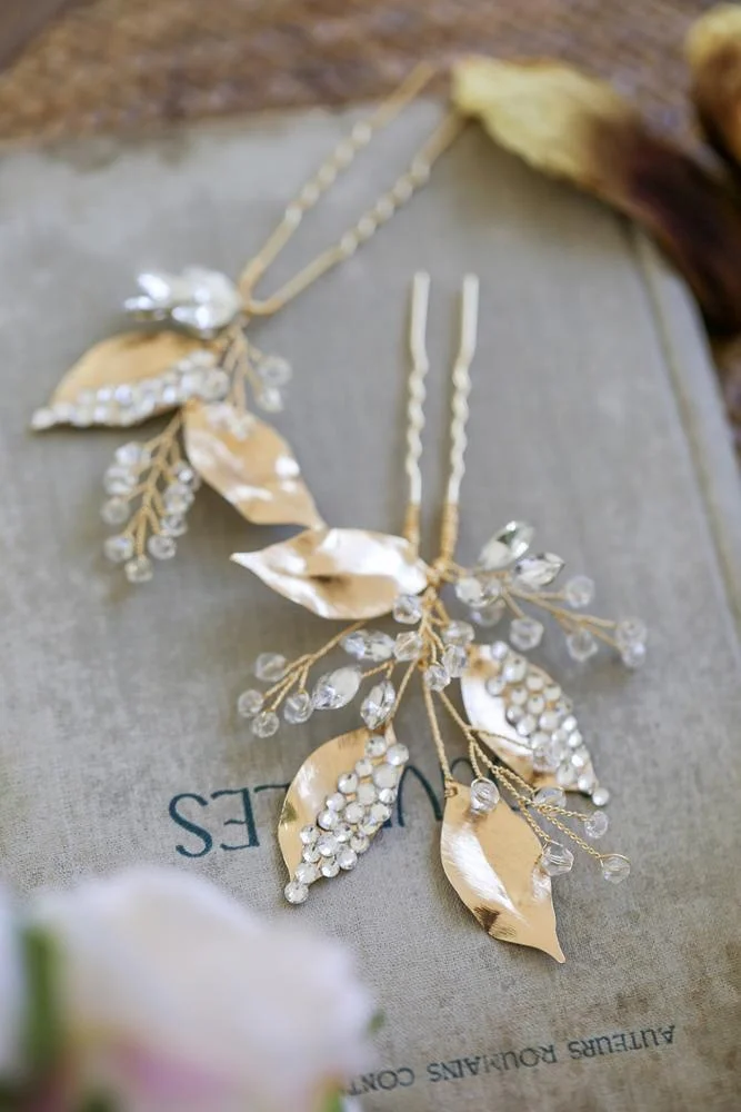 
Newest vintage gold plating brass leaves rhinestone fancy bridal hair pins wedding 