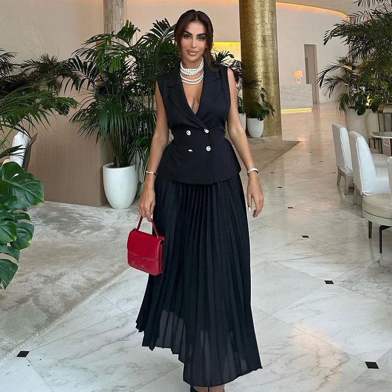 HK7438 Summer Women Long Skirt Set Elegant Lapel Sleeveless Double Breasted Top And Pleated Skirt Set 2 Piece Outfits For Women