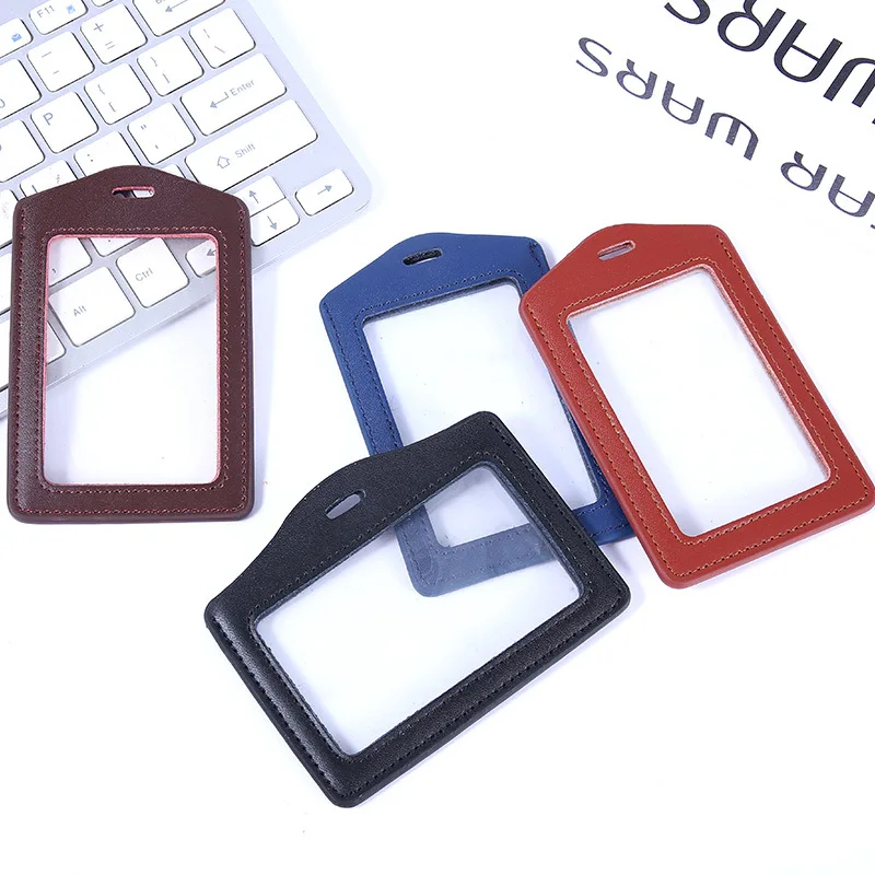 Factory Genuine Leather Double-sided Transparent Work Permit Card Cover ID Badge Bank Card Holder with Nylon Lanyards