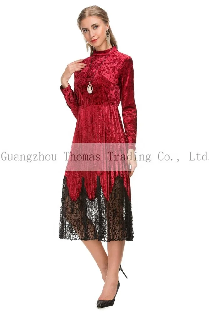 
Wholesale Women Velvet Long Sleeve Dress For Spring Autumn Black Red 