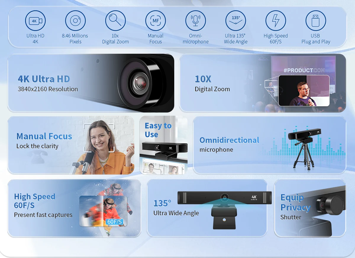 Ultra HD 4K Web Camera Wide Angle 135° Computer Web Cam USB 4K 60FPS Webcam with Privacy Cover for Online Meeting Education