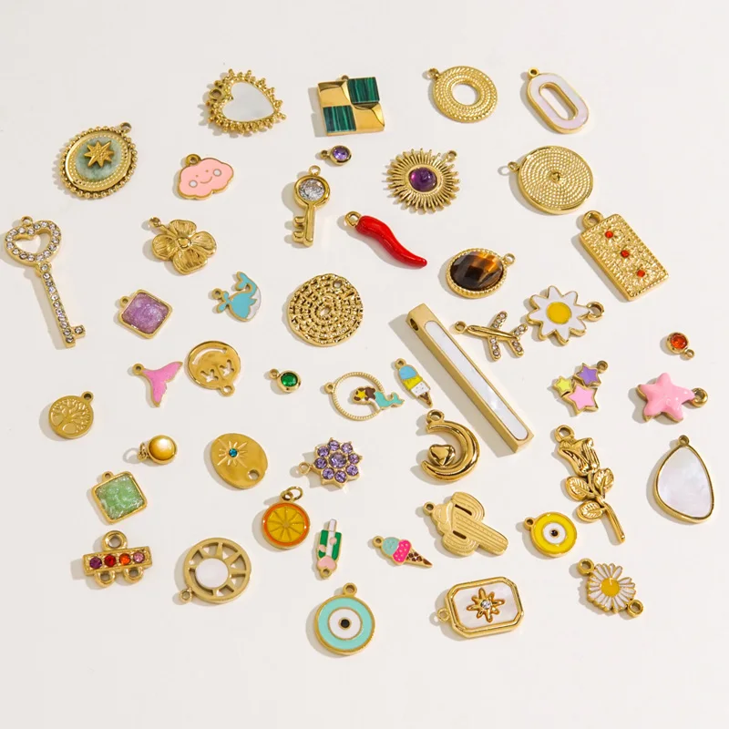 Fashion Gold Plated Stainless Steel Enamel Shell Zircon Charms For Jewelry Making Bracelet Necklace Pendant DIY Accessories