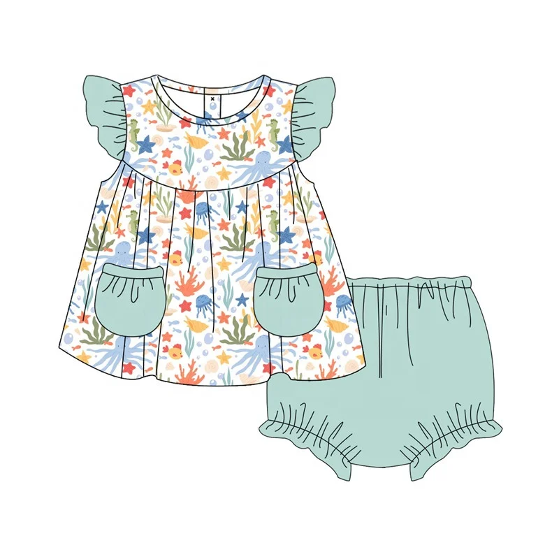 Customized Seashell Printed Flutter Sleeves Girls Diaper Short Set For Summer