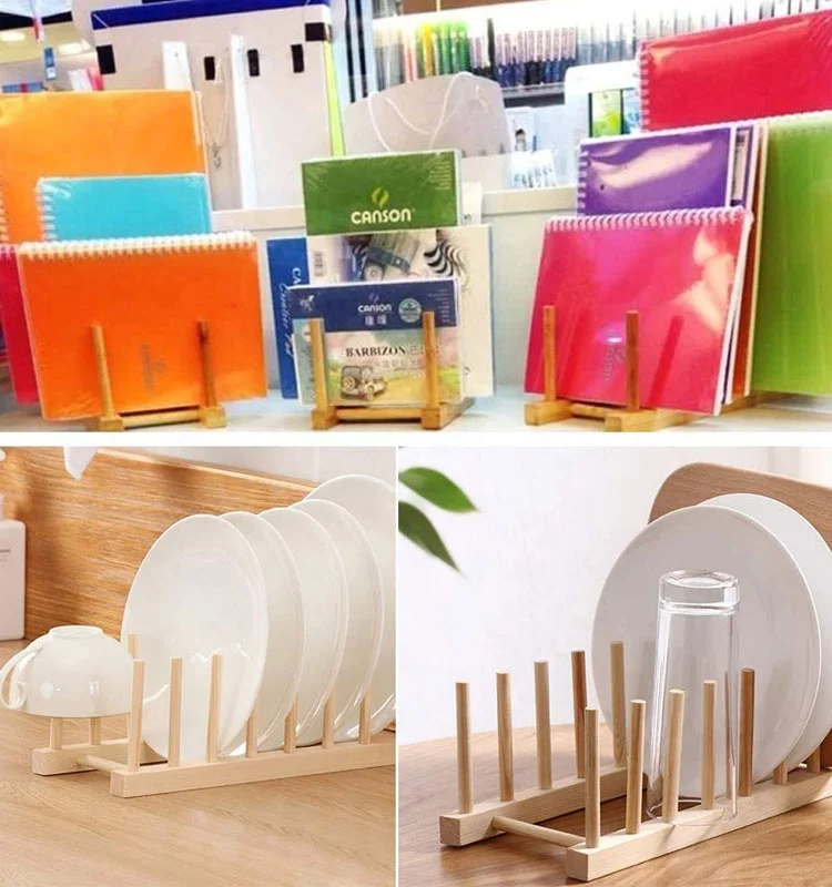 Kitchen 8-Slots Bamboo Wooden Dish Rack Storage Organization Plate Rack Stand Pot Lid Holder