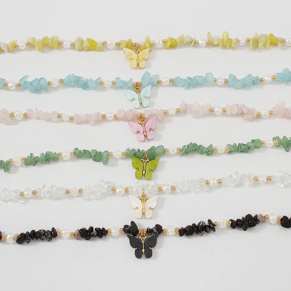 Fashion Natural Gemstone Beaded Choker Baroque Pearl Natural Pink Blue Crystal With Acrylic Butterfly Pendent Necklace