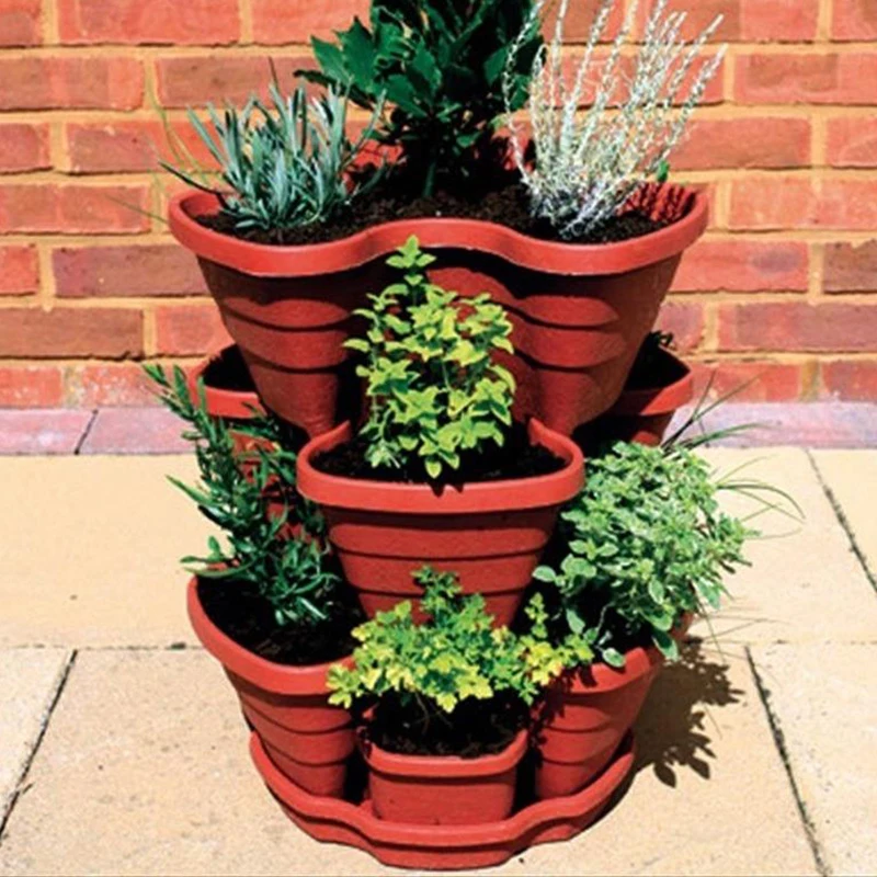 POTS 3 Tier plastic stack vertical Jardin Self Watering Garden Pot Set Tower Grow Outdoor Tower Planting Flower Standing Planter