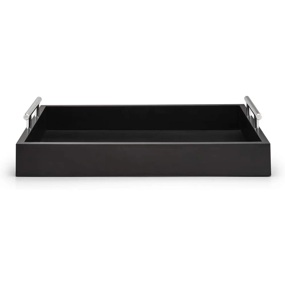 High Gloss Tea Tray Wood Black Ottoman Tray Breakfast Serving Tray with Metal Handle