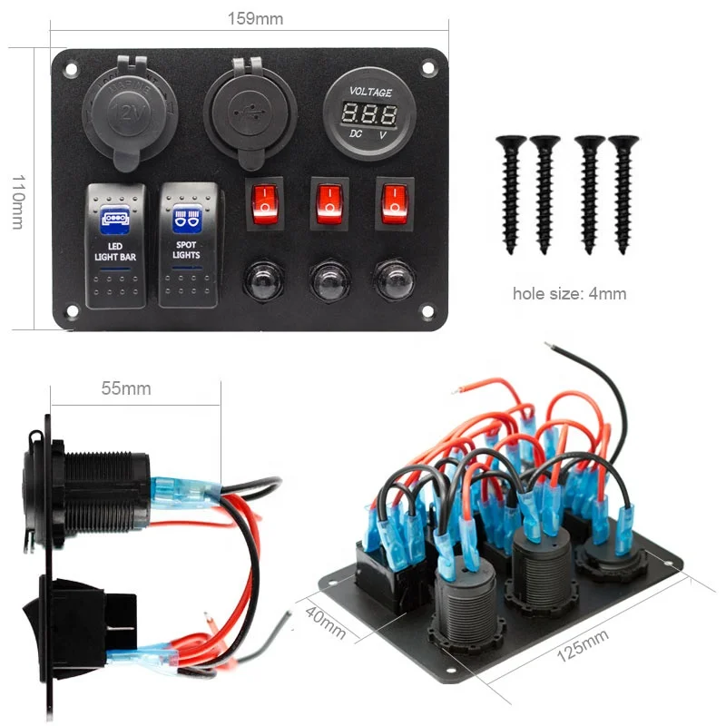 2 Gang Rocker Switch Panel with 3.1A USB Charger Voltmeter 12V-24V DC Rocker Switch 15A circuit breaker button switch