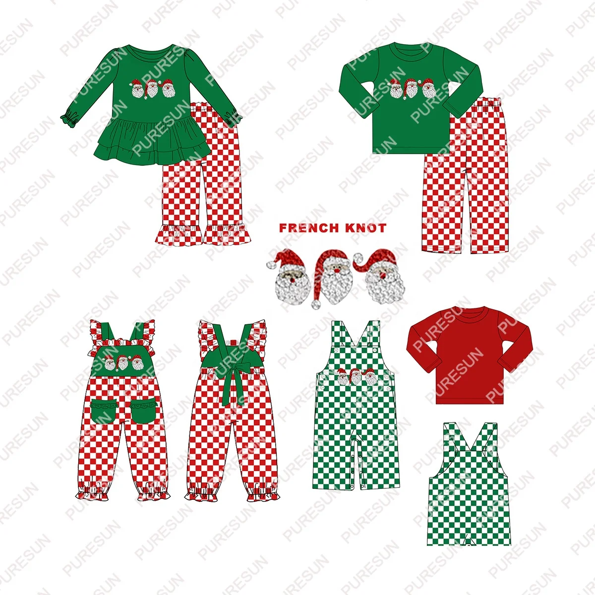 Puresun christmas children clothing custom designs cotton ruffle girls outfits clothing sets with santa french knot embroidery