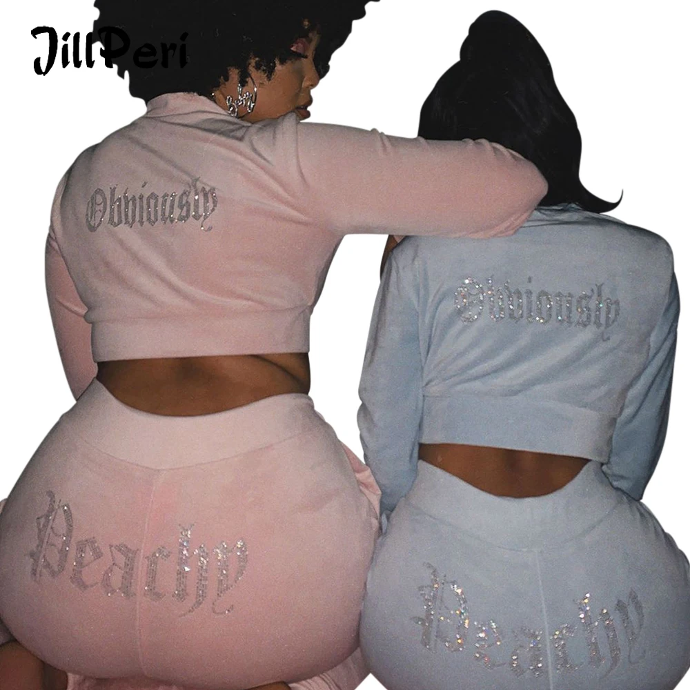 JillPeri куртка и Jogger Спортивный костюм комплект из 2 предметов бархатные осенние шикарные женские велюровые спортивные костюмы на